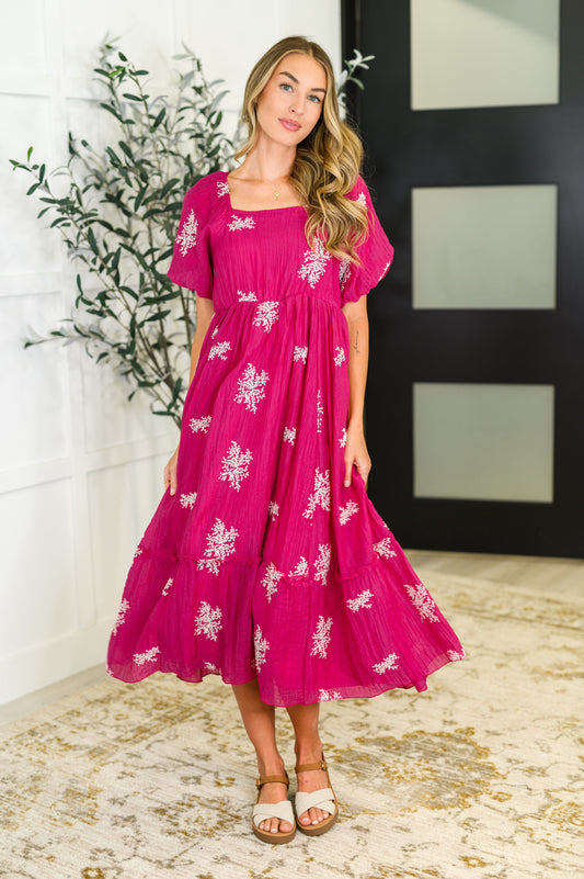 Square Neck, short sleeve pink dress with white floral patterns by Polagram
