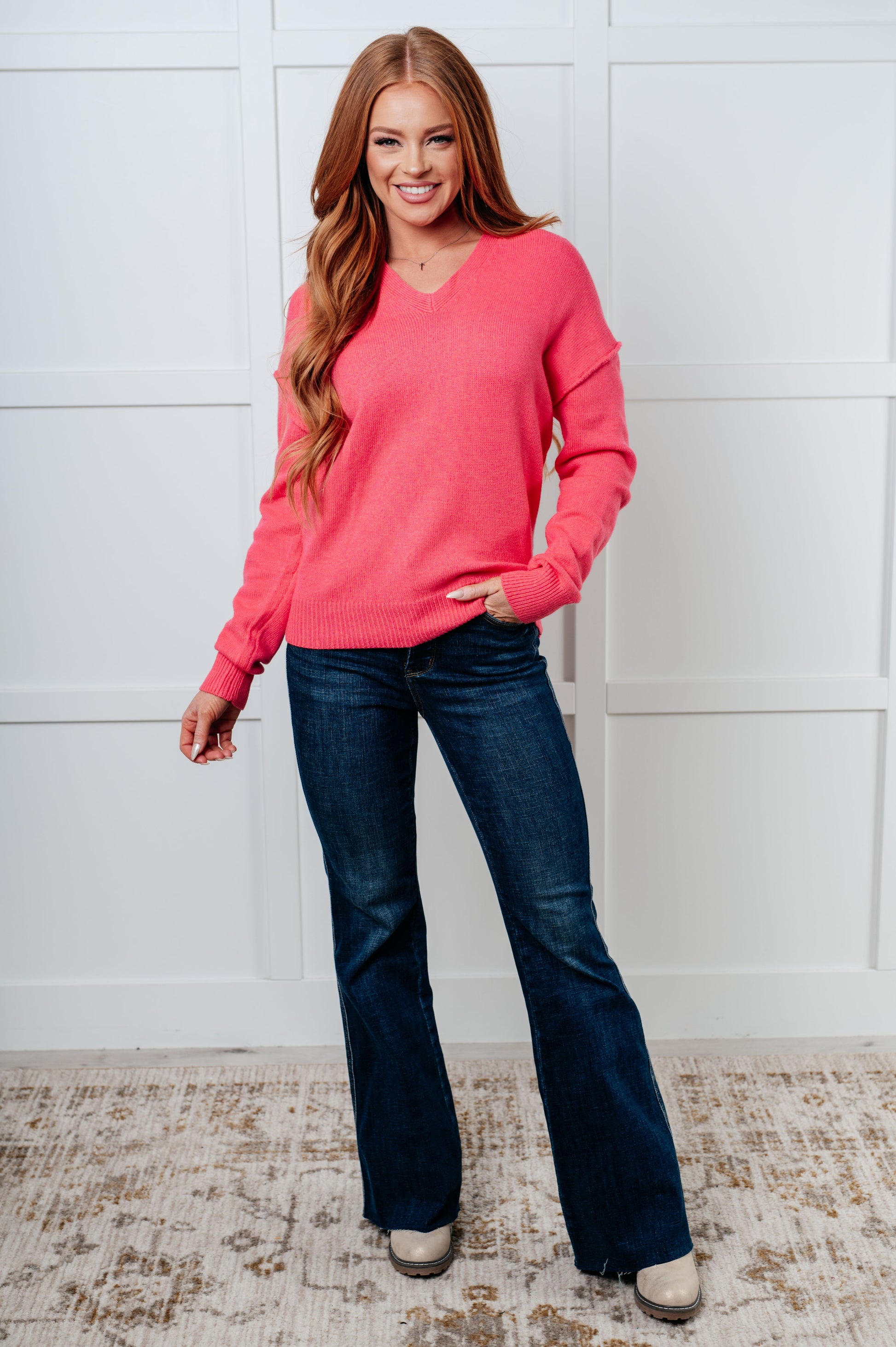 V-Neck Sweater in Pink