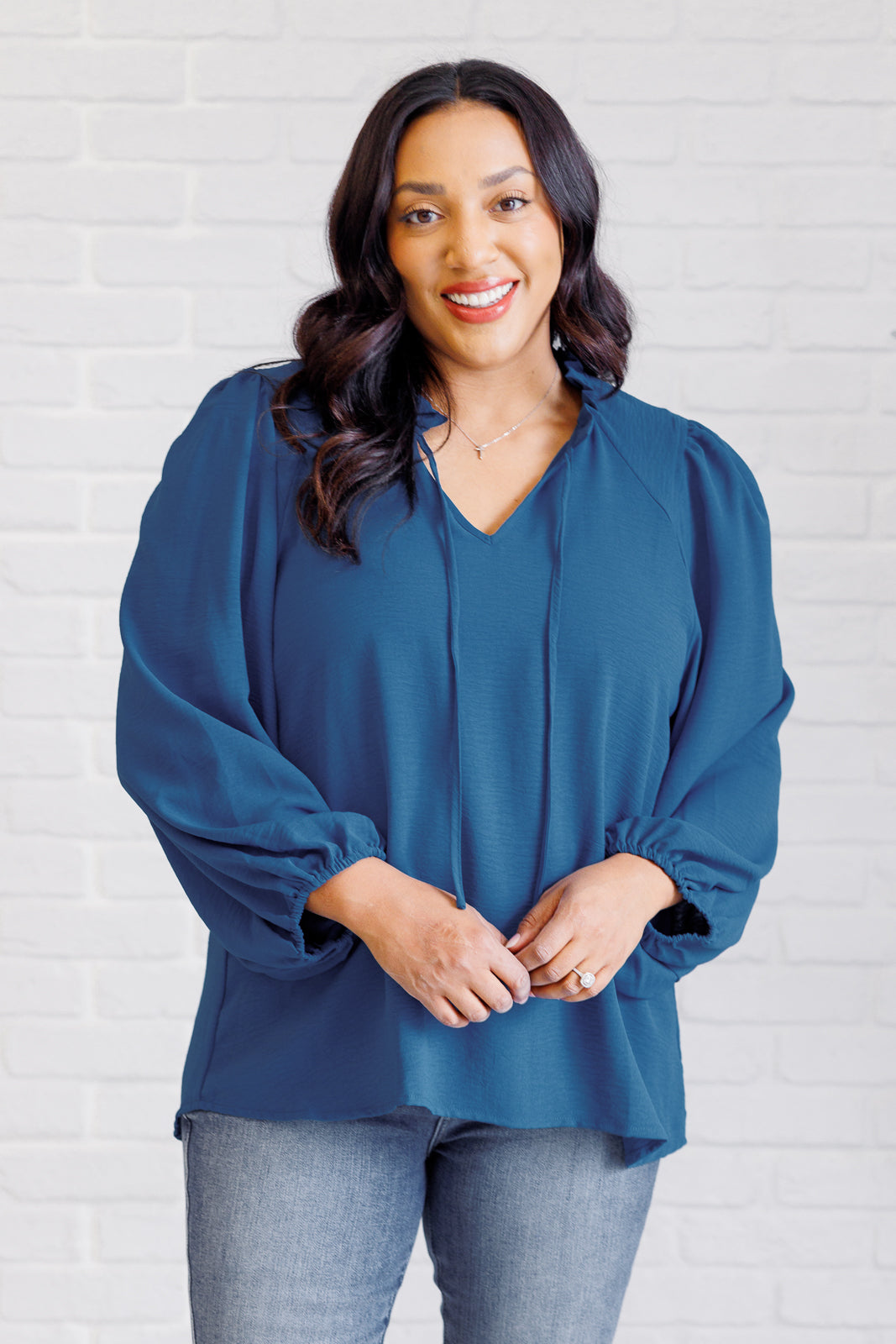 Teal Textured Woven long sleeve blouse by Jodifil
Self-Tie Keyhole Closure
Ruffle Detail Neckline
100% Polyester
True to Size