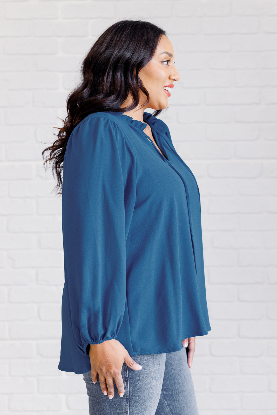 Teal Textured Woven long sleeve blouse by Jodifil
Self-Tie Keyhole Closure
Ruffle Detail Neckline
100% Polyester
True to Size