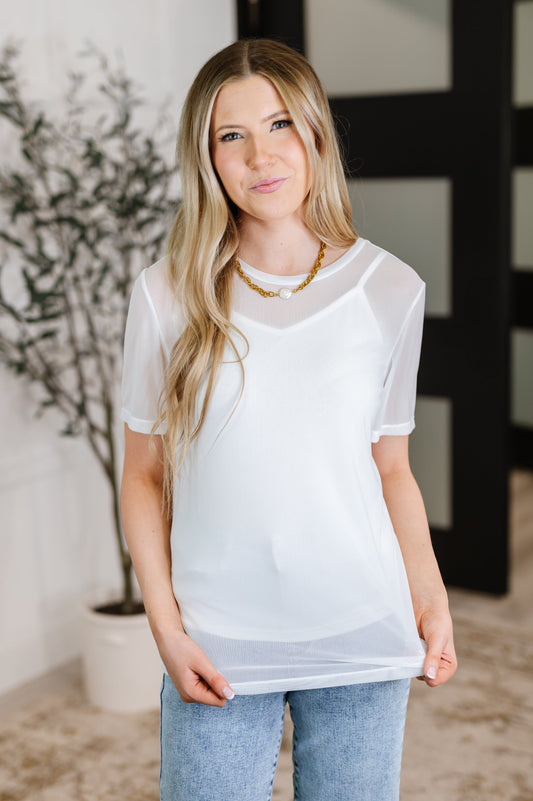 White Layered Mesh Top
Knit
High Stretch
Banded Round Neckline
Separate Tank
V-Neckline
Adjustable Straps
Silver Hardware
95% Polyamide, 5% Elastane
True to Size