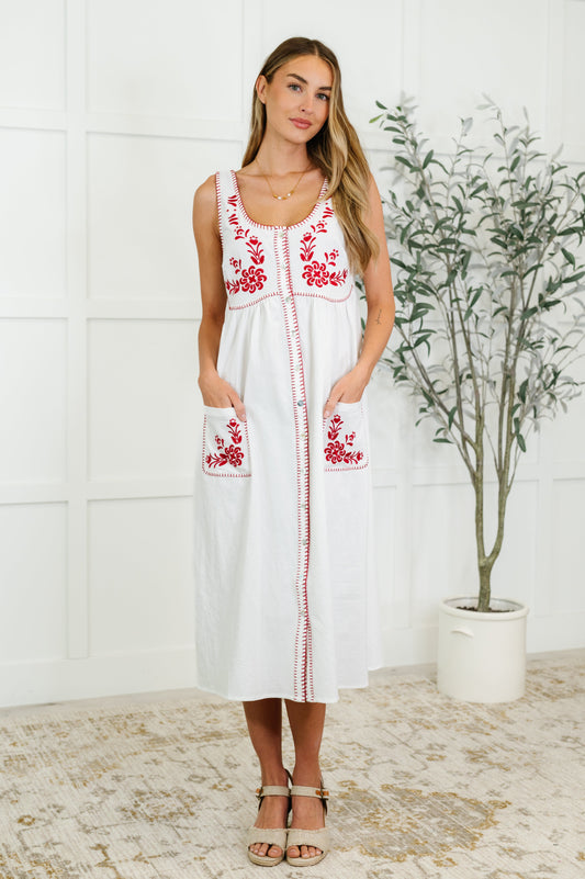 White with Red Lightweight Textured Woven Midi dress
Scoop Neckline
Full Front Button Closures
Functional Patch Pockets
Machine Embroidered Details
Blanket Stitch Hem Details
60% Cotton, 40% Polyester
True to Size
