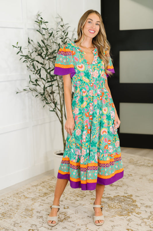 Tiered, short sleeved midi dress in Mint Floral by Haptics