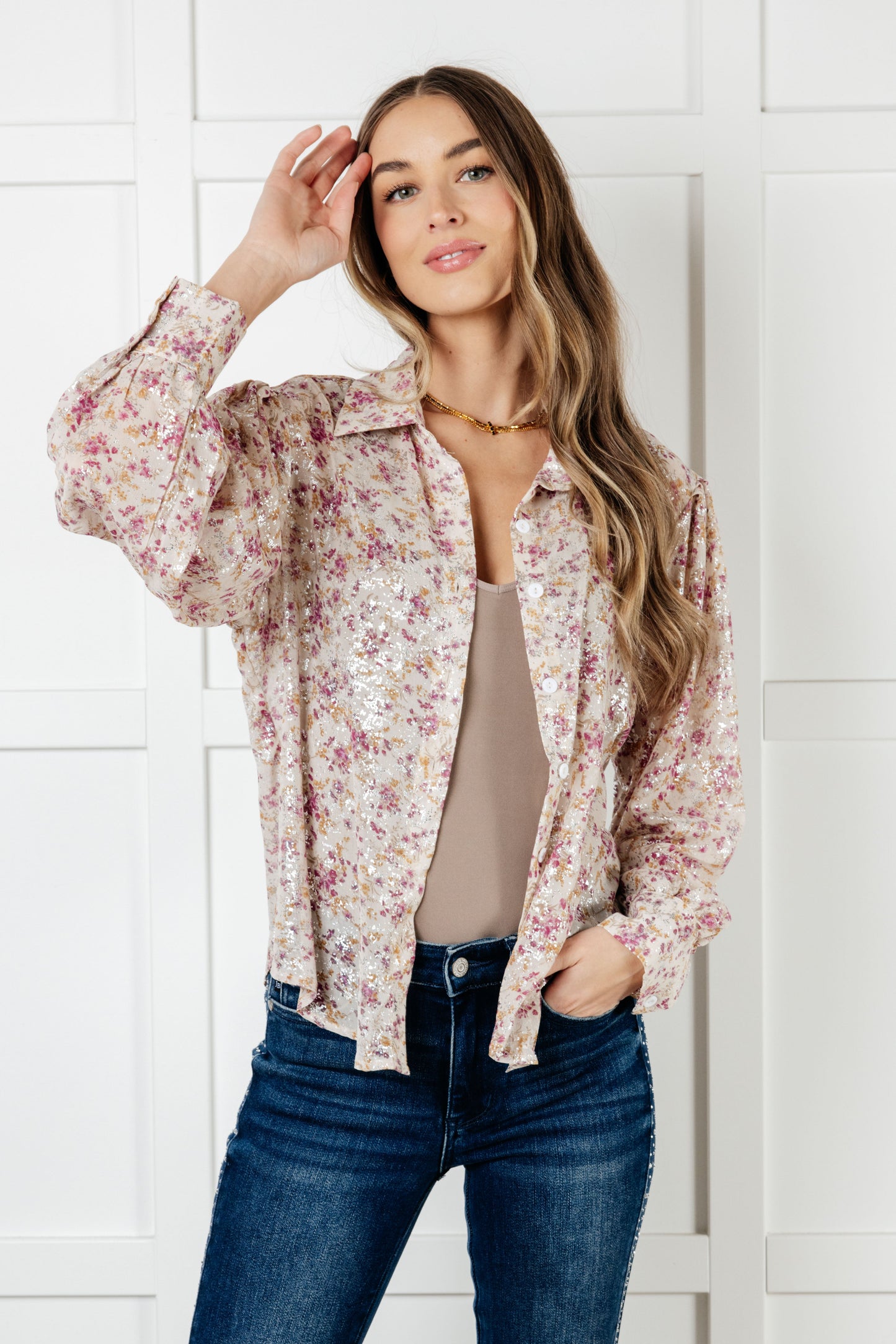 Chiffon long sleeve blouse 
Collared Neckline
Full Front Button Closure
Poet Sleeve
Banded, Button Closure Sleeve Cuff
Scooped Hemline
100% Polyester
True to Size