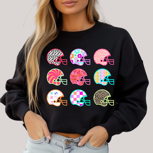 Black sweatshirt with colorful helmet designs