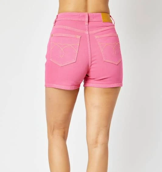Judy Blue magenta high waist denim shorts with yellow embroidered back pockets