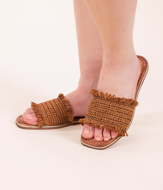 Woven upper sandal in Tan by Naughty Monkey

Leather footbed with a glitter border