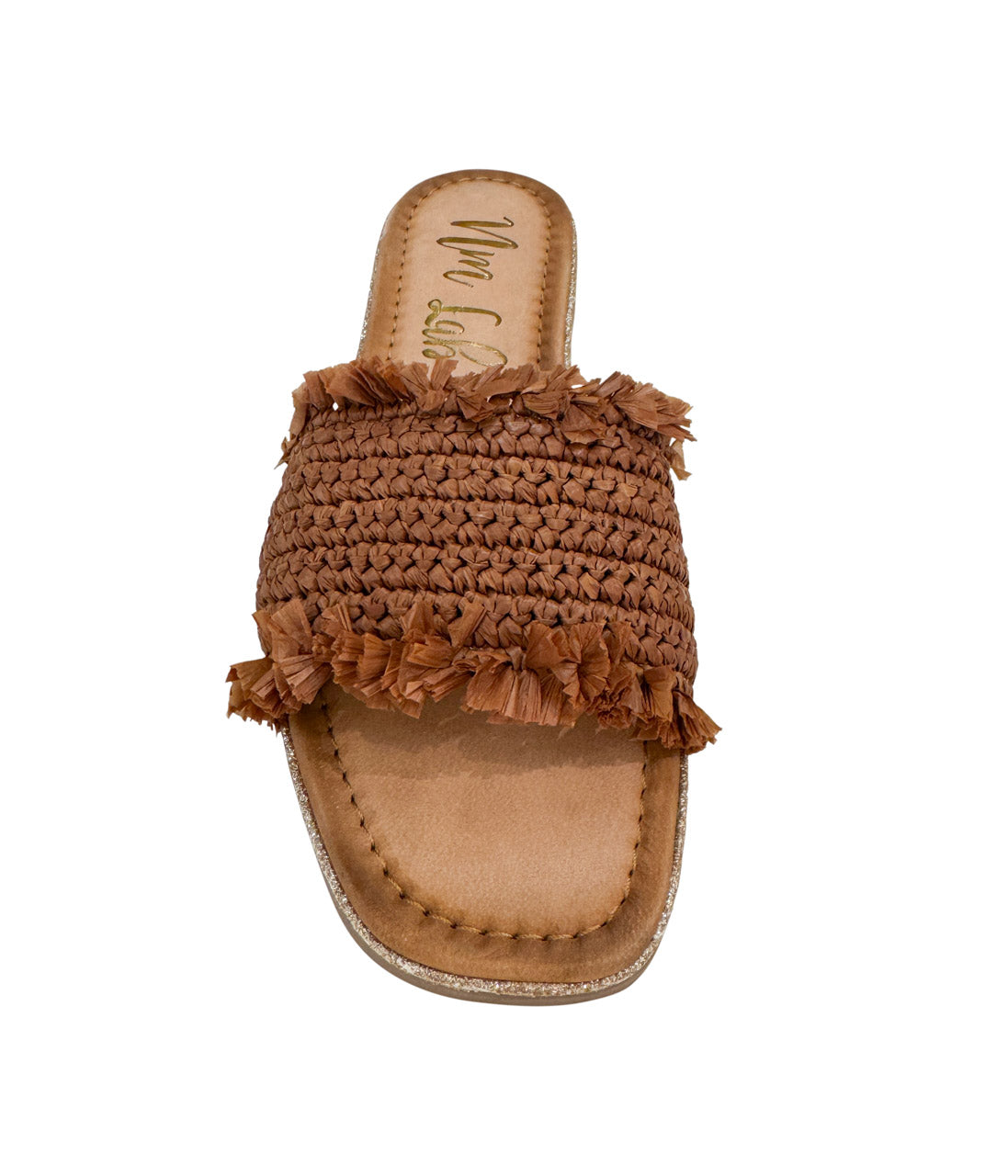 Woven upper sandal in Tan by Naughty Monkey

Leather footbed with a glitter border