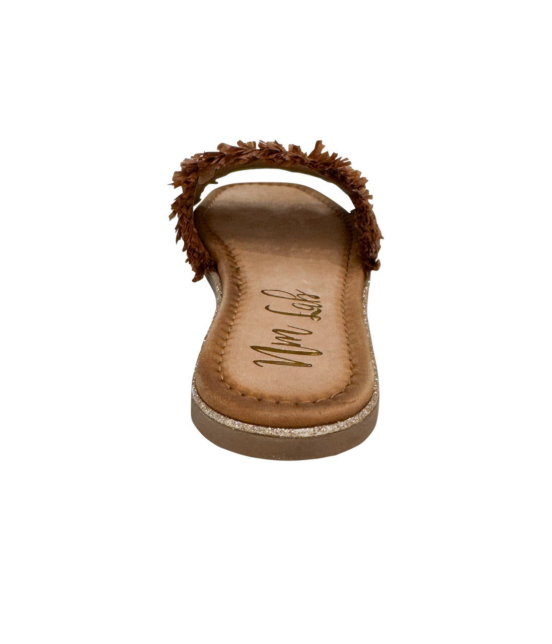 Woven upper sandal in Tan by Naughty Monkey

Leather footbed with a glitter border