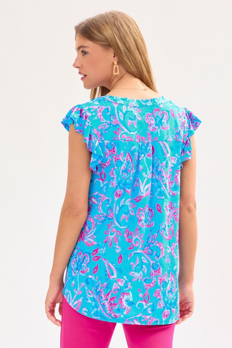 Bulgari fabric, V neck, flutter sleeve Hi low scooped hem true to size top by Dear Scarlett