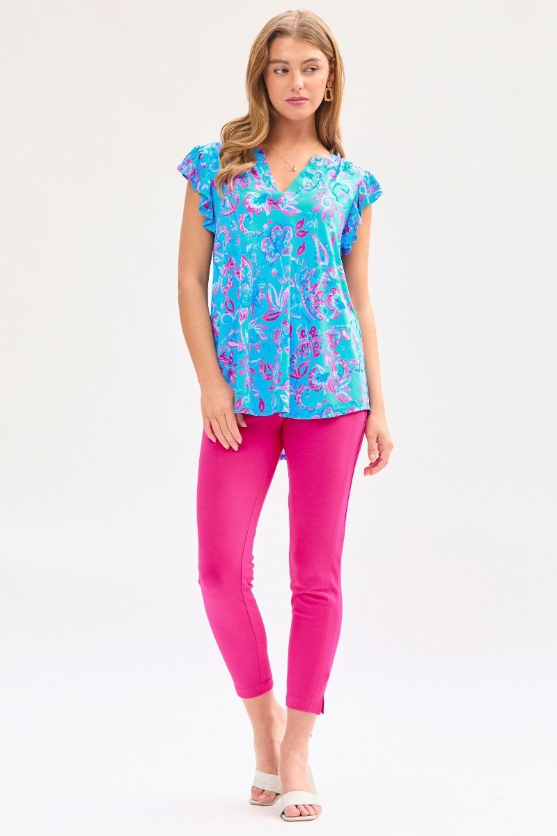 Bulgari fabric, V neck, flutter sleeve Hi low scooped hem true to size top by Dear Scarlett
