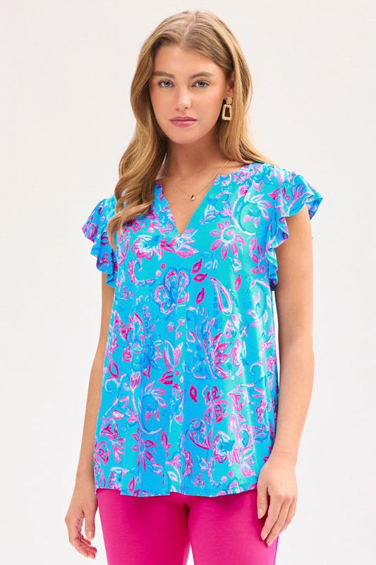 Bulgari fabric, V neck, flutter sleeve Hi low scooped hem true to size top by Dear Scarlett