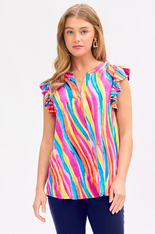 Multi color  Bulgari fabric, V neck, flutter sleeve, high low scooped hem, true to size top by Dear Scarlett