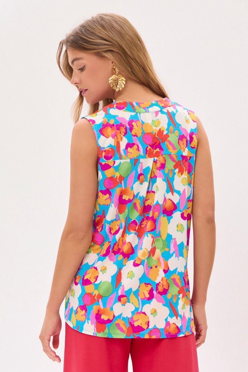 Floral Aqua  Bulgari fabric, V neck, flutter sleeve, Tank top silhouette, true to size top by Dear Scarlett