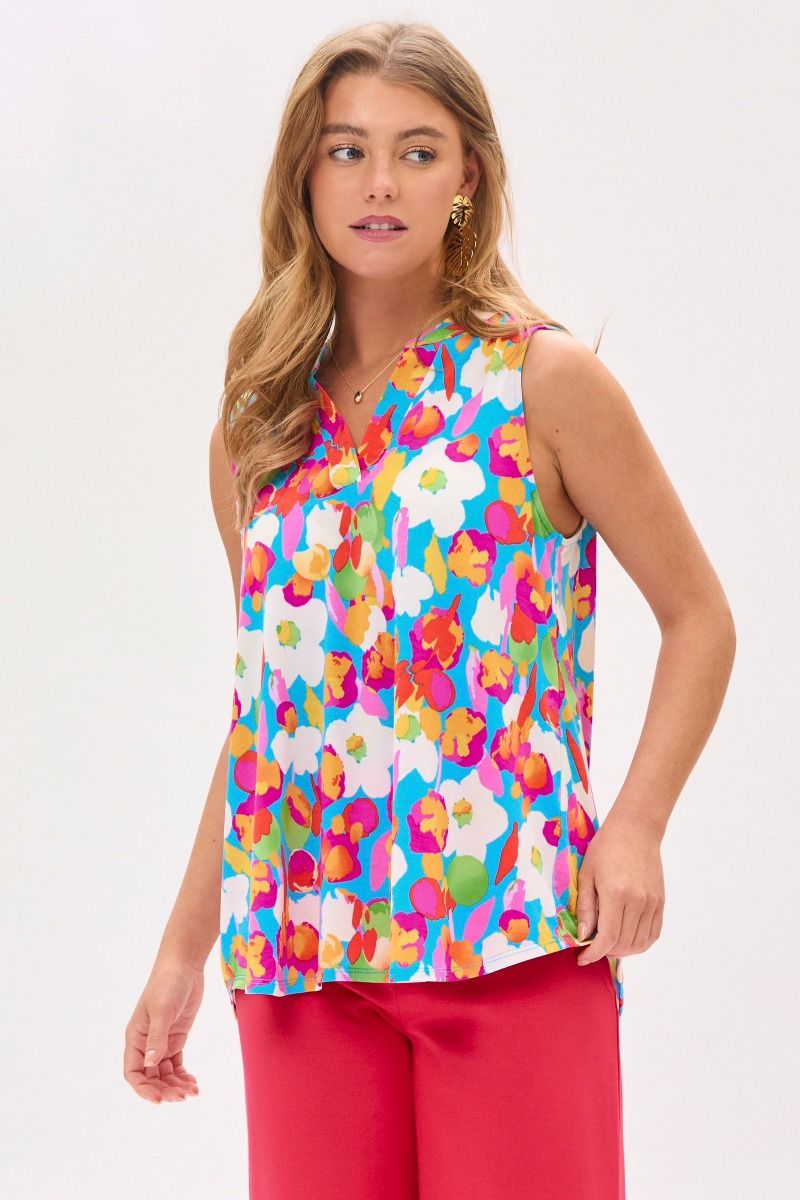Floral Aqua  Bulgari fabric, V neck, flutter sleeve, Tank top silhouette, true to size top by Dear Scarlett