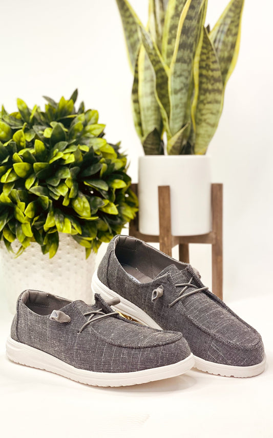 Charcoal Grey, moc style, memory foam footbed sneaker