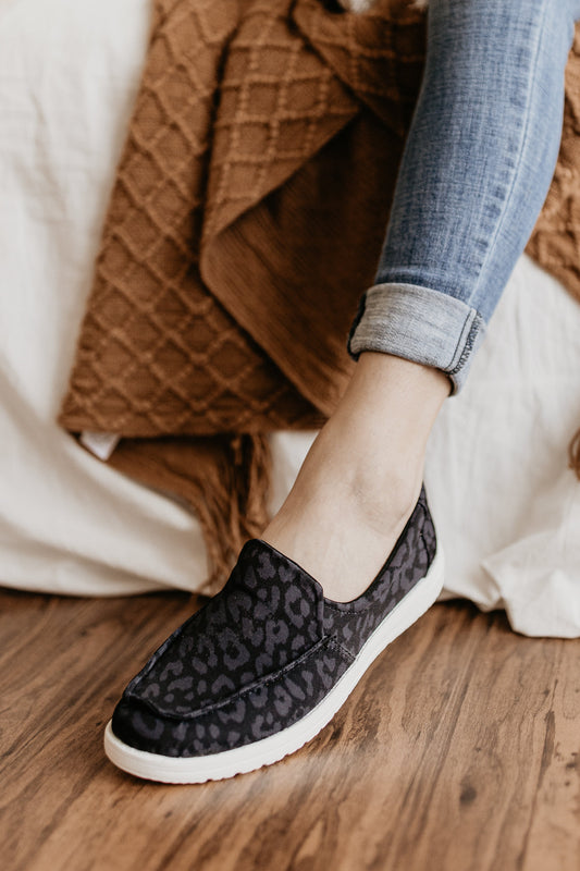 Black Leopard print, moc style, memory foam footbed slip on sneaker