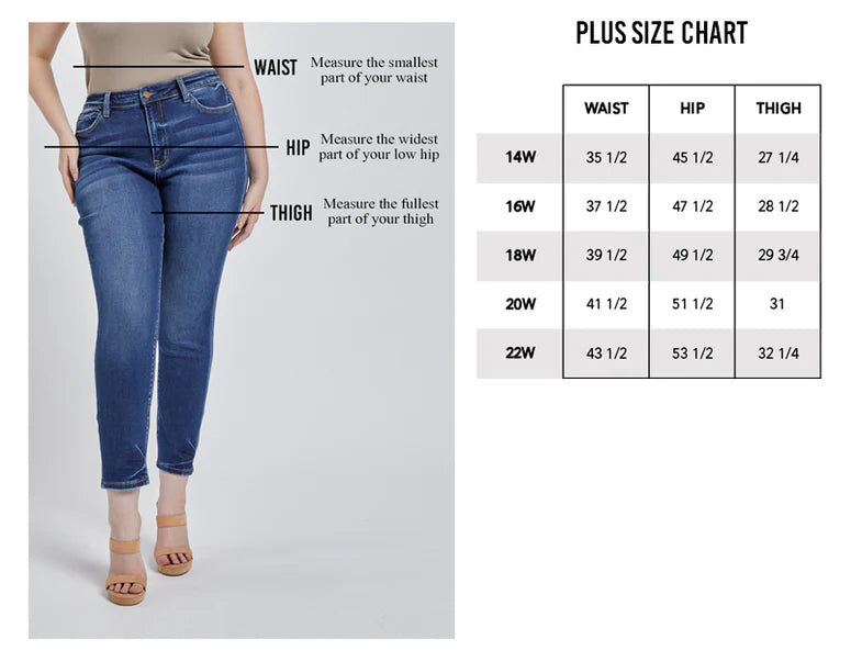 Plus size jeans with measurement guide and size chart on a gray background