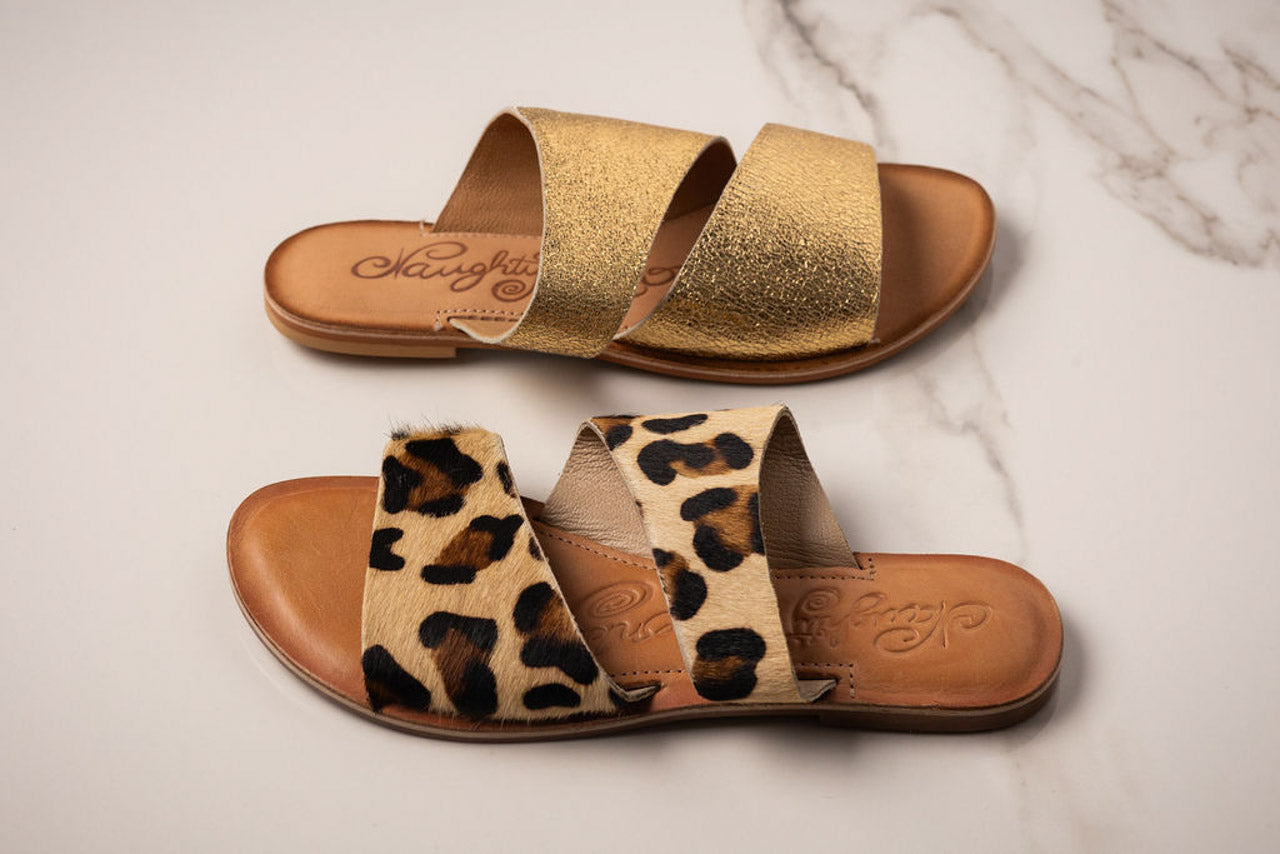 Leopard print, genuine leather sole, cowhide upper, cushion footbed slide shoe