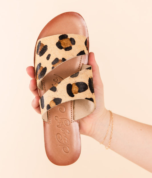 Leopard print, genuine leather sole, cowhide upper, cushion footbed slide shoe