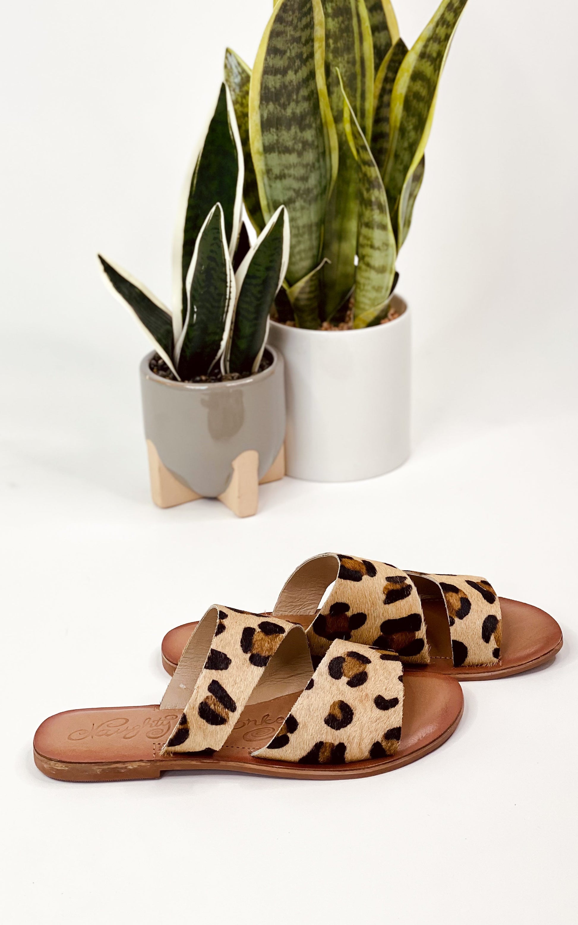 Leopard print, genuine leather sole, cowhide upper, cushion footbed slide shoe