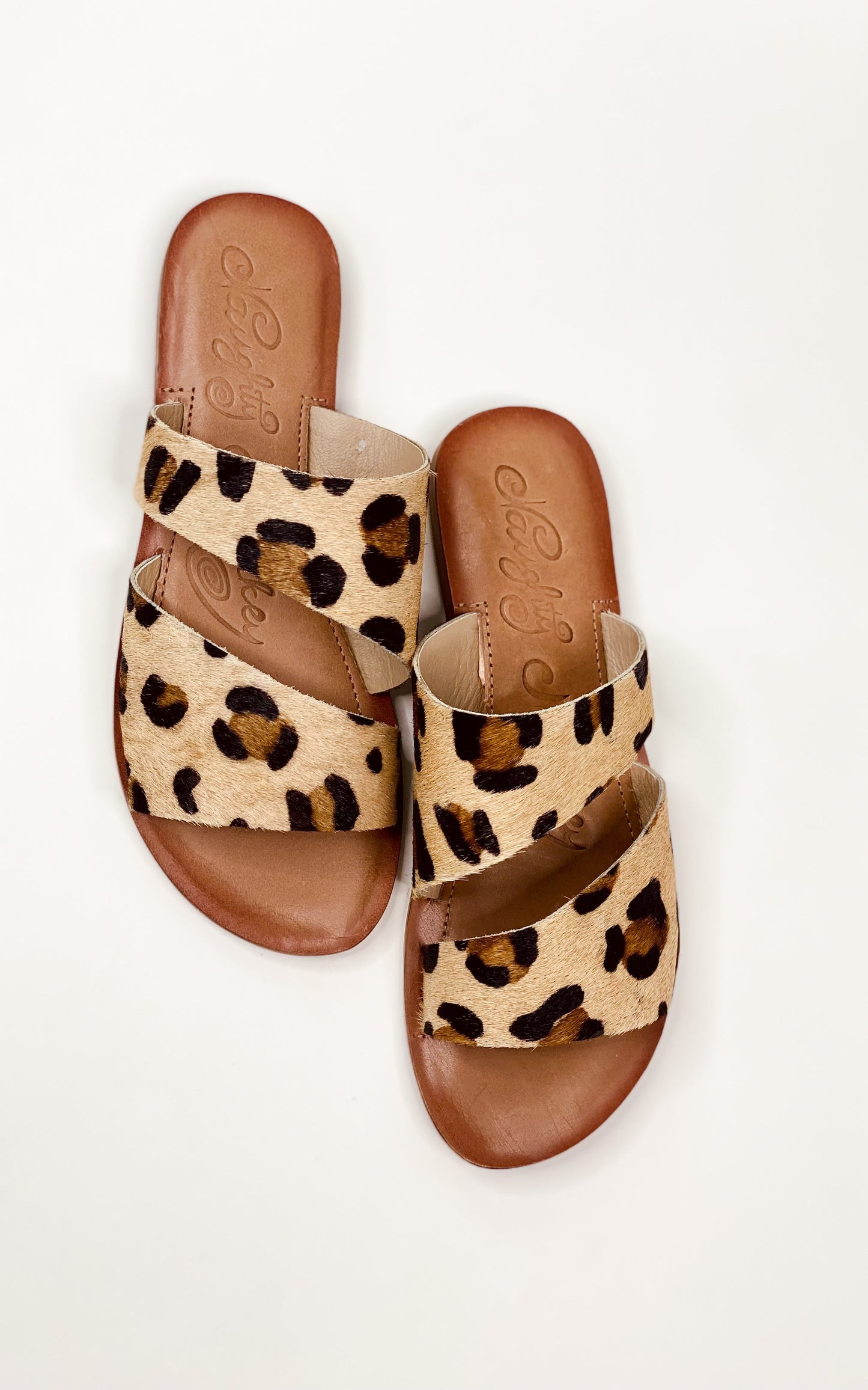 Leopard print, genuine leather sole, cowhide upper, cushion footbed slide shoe