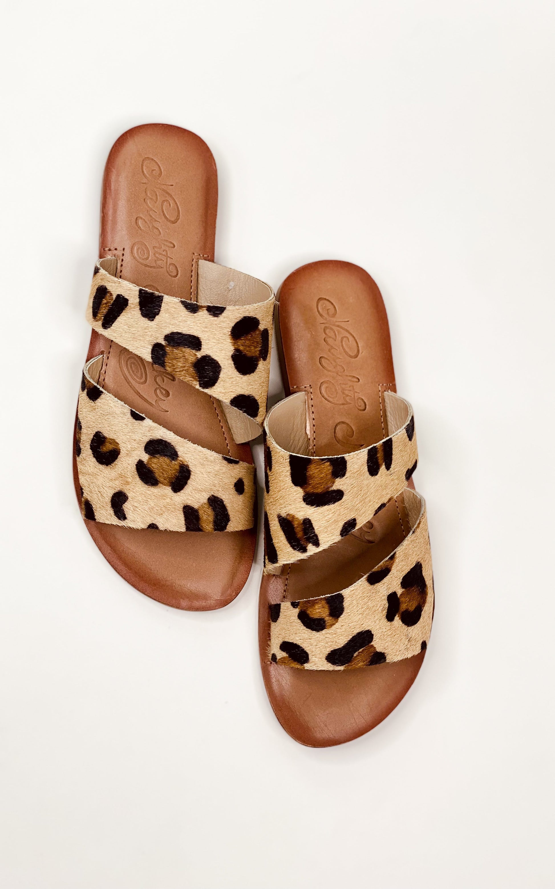 Leopard print, genuine leather sole, cowhide upper, cushion footbed slide shoe