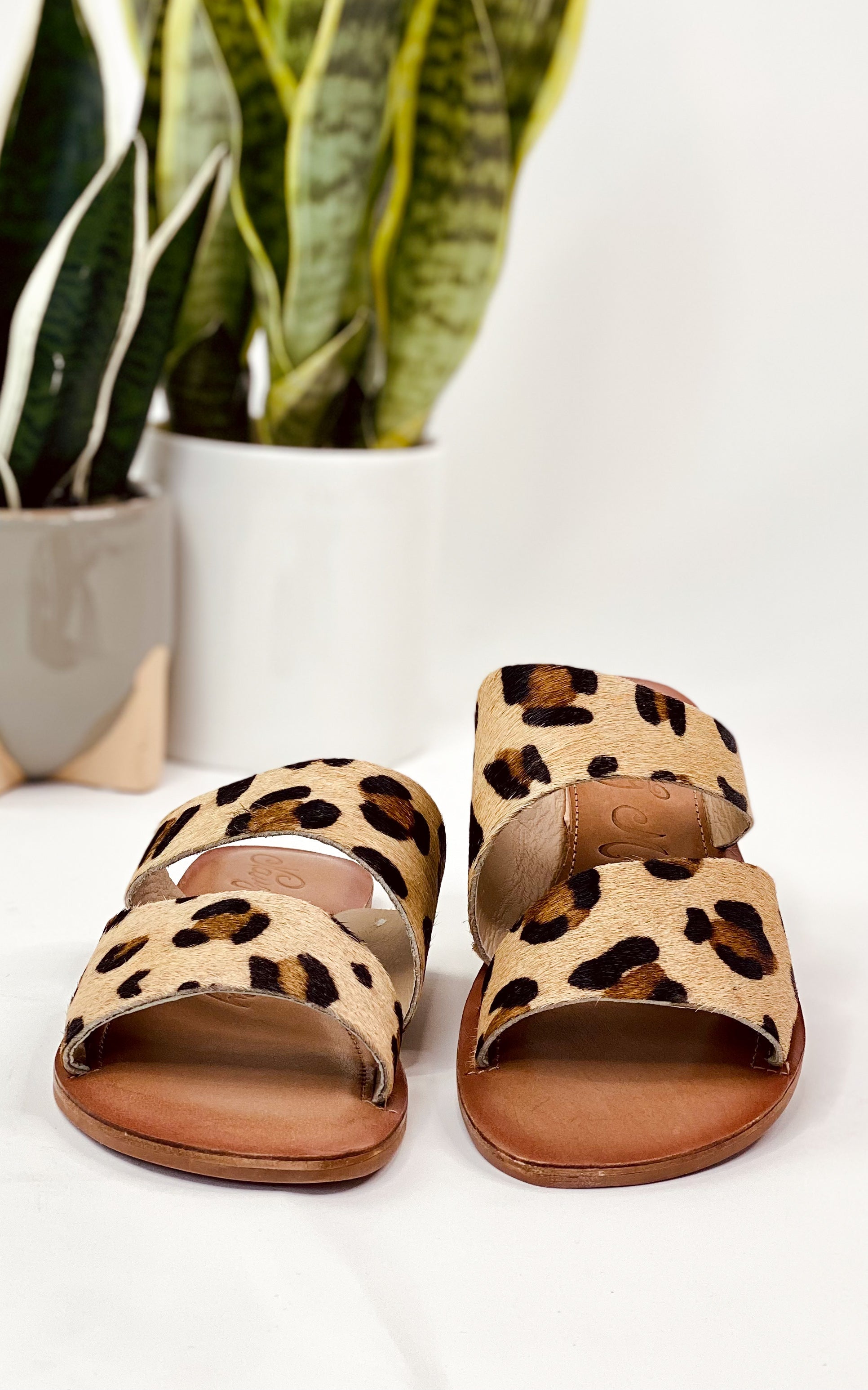 Leopard print, genuine leather sole, cowhide upper, cushion footbed slide shoe
