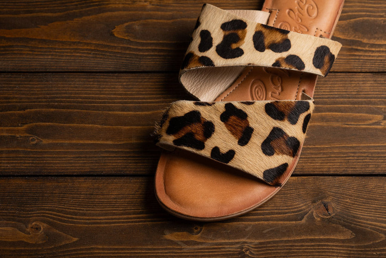 Leopard print, genuine leather sole, cowhide upper, cushion footbed slide shoe