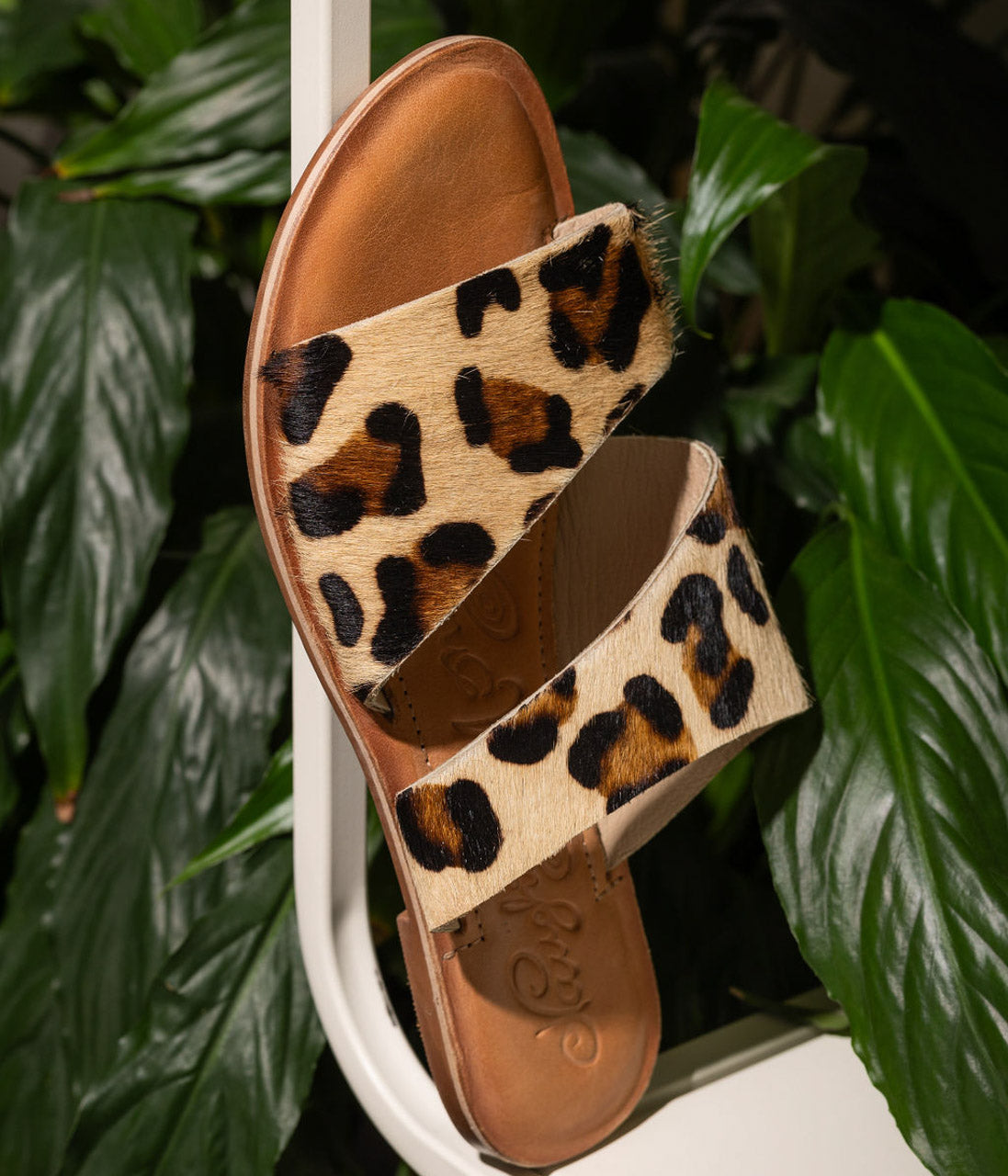 Leopard print, genuine leather sole, cowhide upper, cushion footbed slide shoe