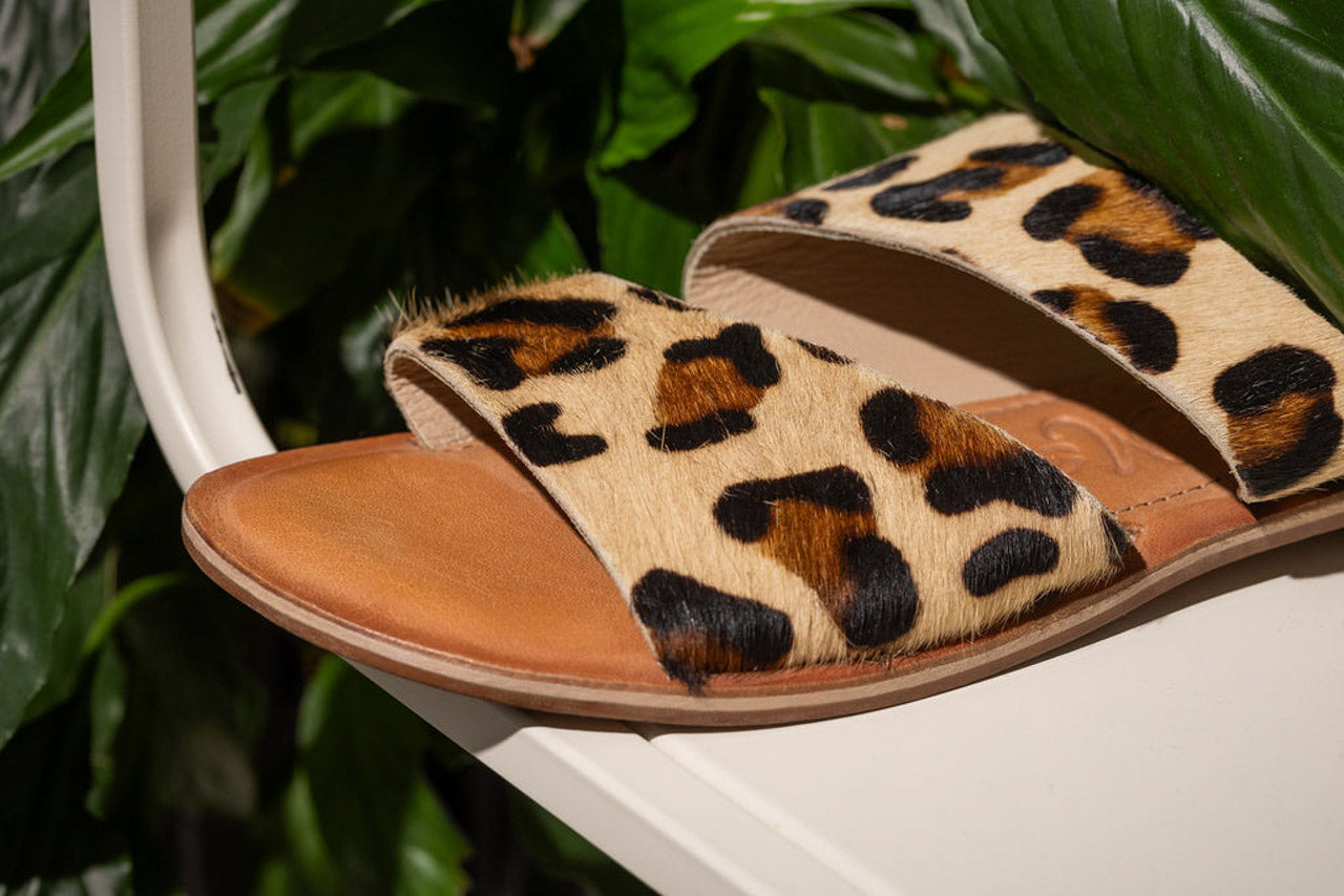 Leopard print, genuine leather sole, cowhide upper, cushion footbed slide shoe