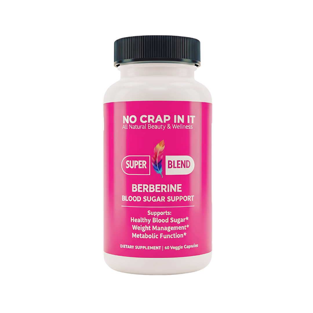 Supplement bottle with pink label on a white background