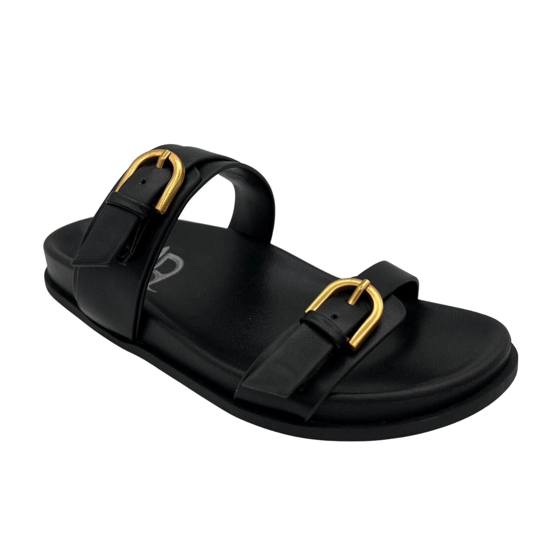 Black sandal with gold buckles on a white background