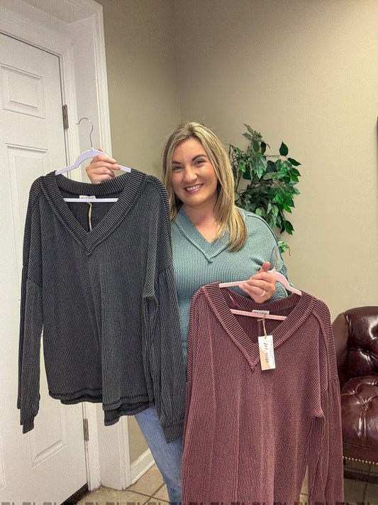 Wide Neck Band Oversized Comfy Soft Two Tone Double Knit Top in Moss Green, Charcoal and Wine by Very J