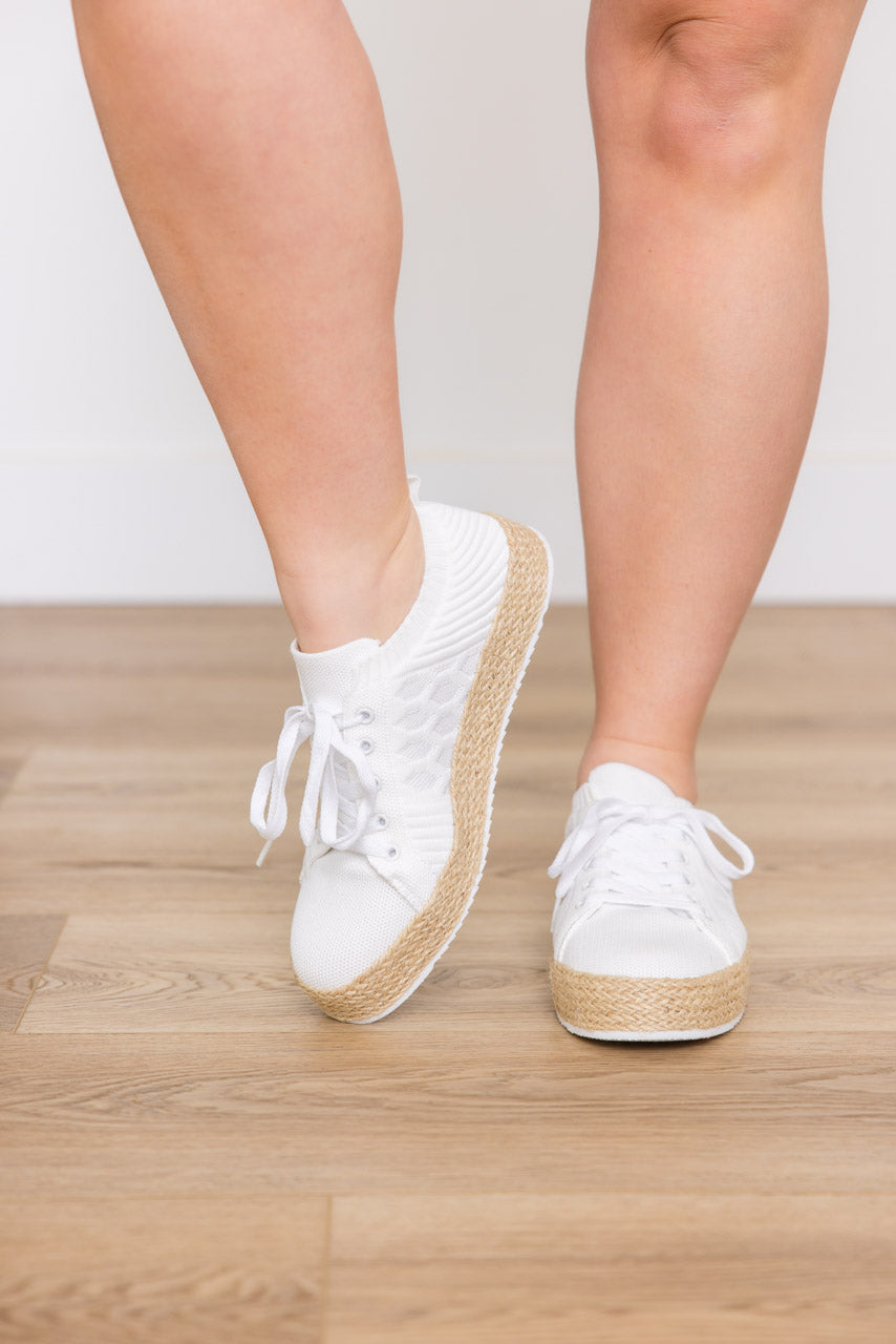 White, platform sole, Jute base, Knit upper sneaker