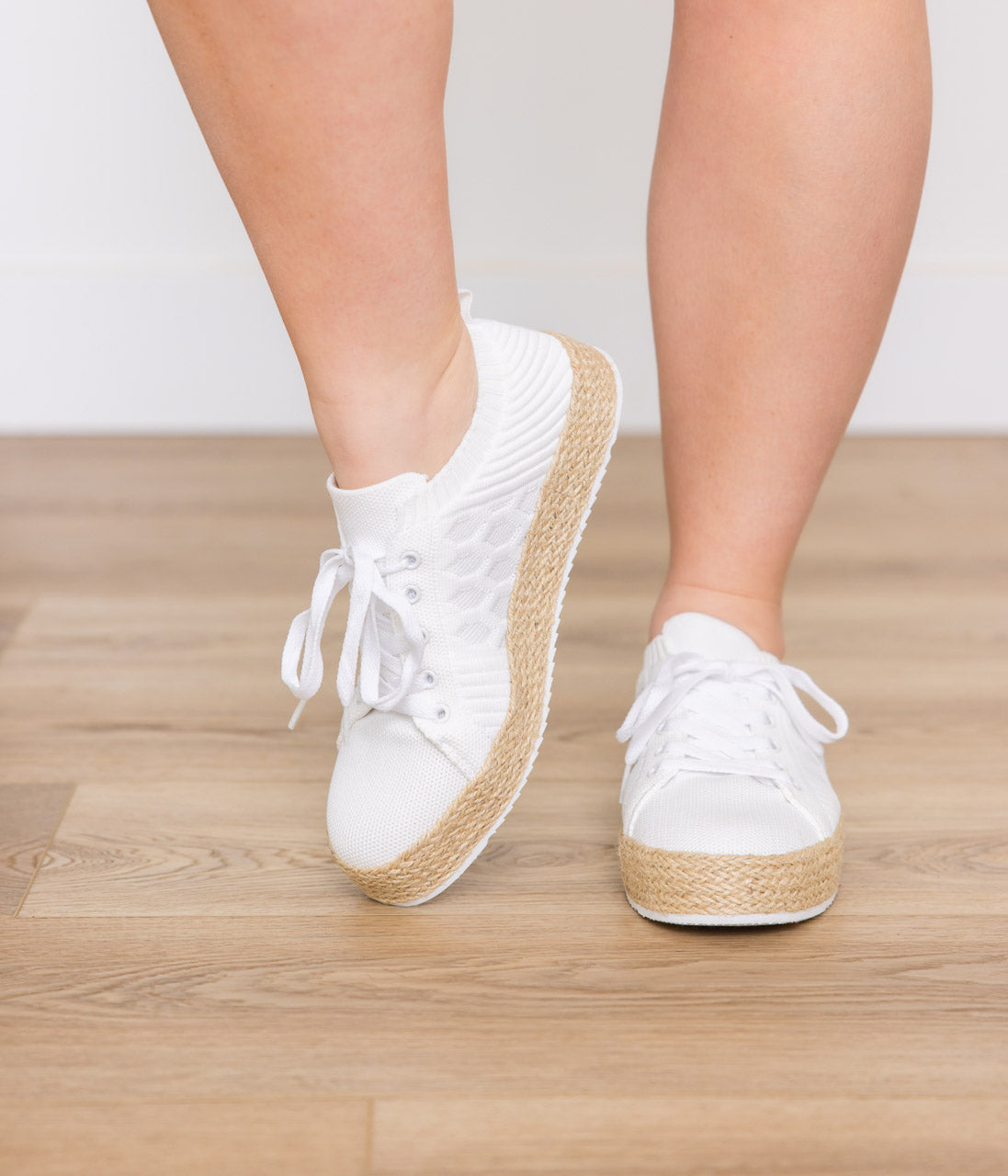 White, platform sole, Jute base, Knit upper sneaker