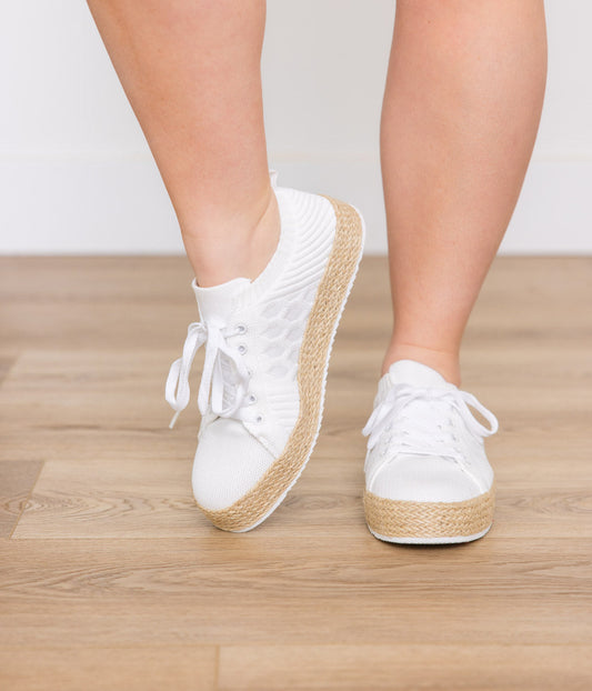 White, platform sole, Jute base, Knit upper sneaker
